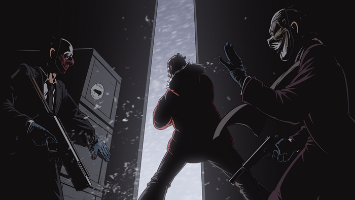 Dallas from Payday with masked men in snow