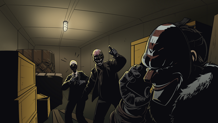 Dallas from Payday with two accomplices in a warehouse