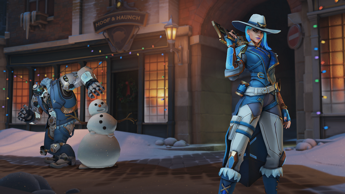 Ashe from Overwatch with a robot and snowman