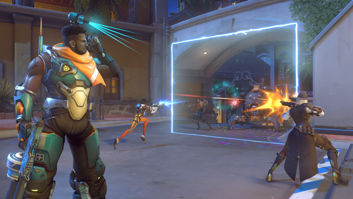 Doomfist, Tracer, Cassidy, and Bastion in Overwatch