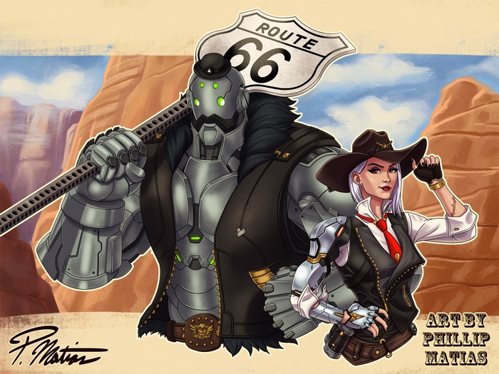 Ashe and Omnic from Overwatch on Route 66
