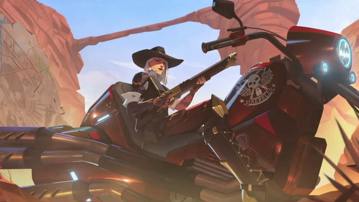 Ashe from Overwatch on a motorcycle