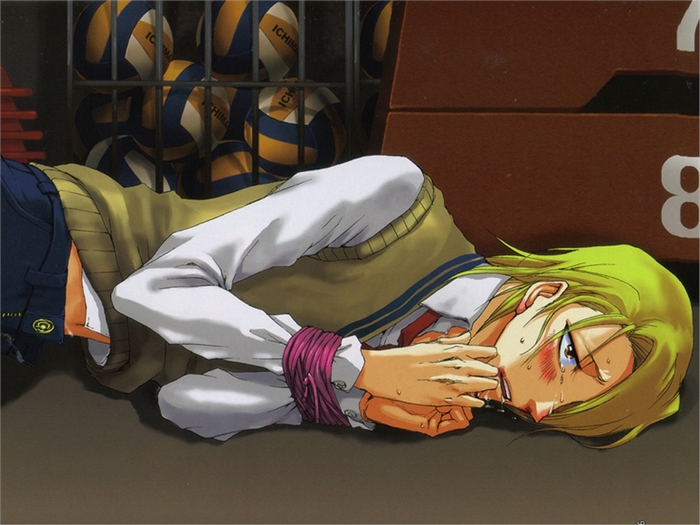 Izuru Kira lying down with volleyballs in background