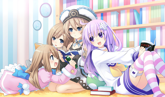 Nepgear and friends reading in a library