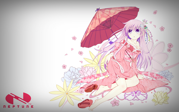 Nepgear from Hyperdimension Neptunia with umbrella and flowers