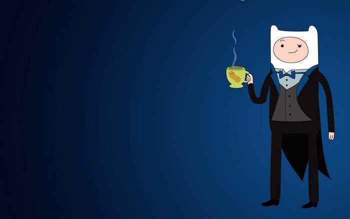 Finn from Adventure Time in a tuxedo holding a mug