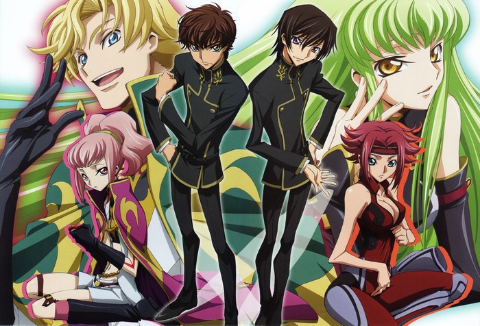 Code Geass characters Lelouch, Suzaku, C.C., Kallen, and Anya
