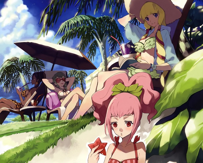 Four women relaxing on a tropical beach