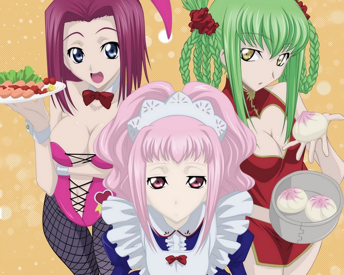 Three anime girls in maid and bunny outfits