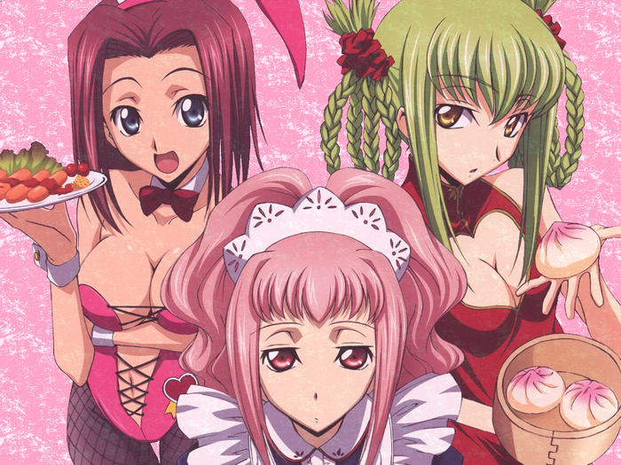 Three anime girls in maid and bunny outfits