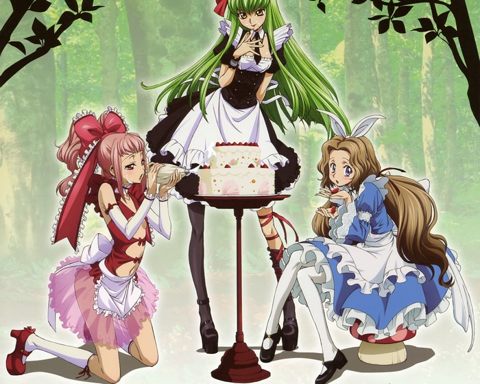 C.C., Anya Alstreim, and Lelouch Lamperouge from Code Geass