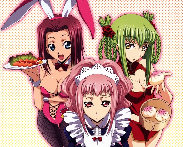 Three anime girls in costumes