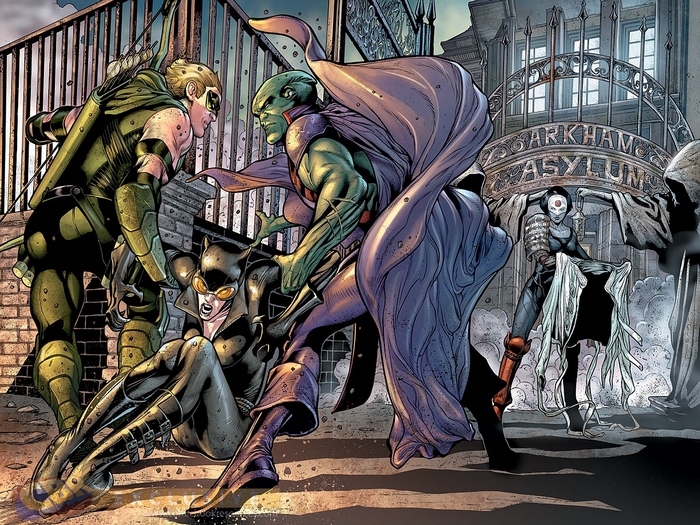 Green Arrow, Catwoman, Martian Manhunter, and Katana at Arkham Asylum