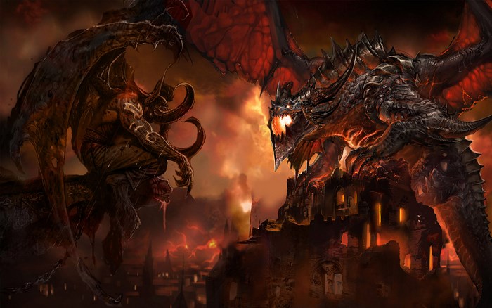 Illidan Stormrage and a dragon in a fiery landscape