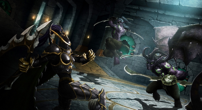 Illidan Stormrage and allies fighting in a dungeon