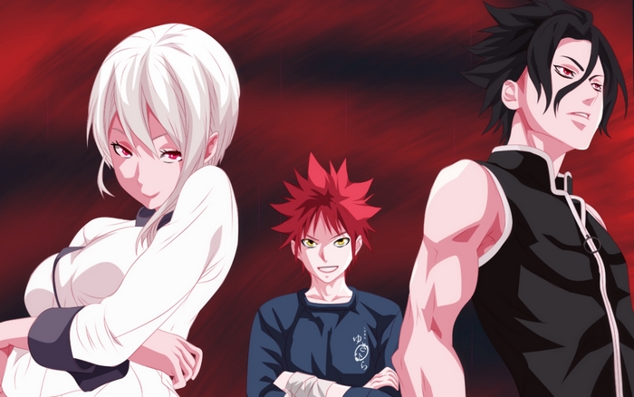 Alice Nakiri, Soma Yukihira, and Ryo Kurokiba from Food Wars!