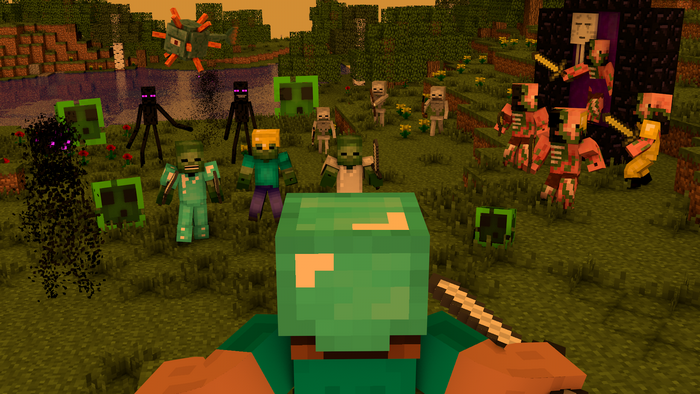Minecraft characters fighting monsters near a Nether portal