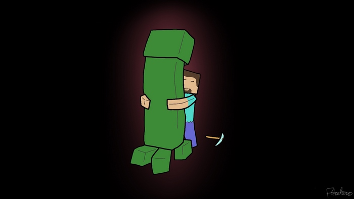 Steve hugging a Creeper from Minecraft