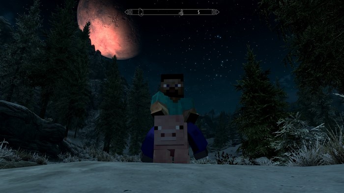Steve from Minecraft riding a pig under a red moon