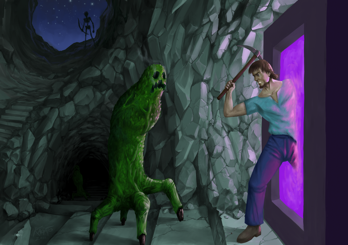Steve from Minecraft fighting a Creeper in a cave