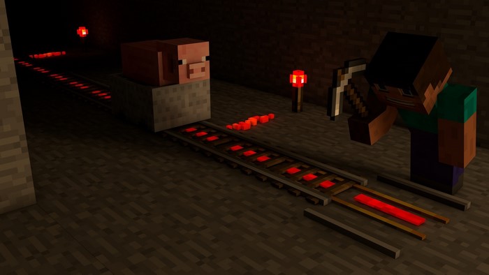 Steve from Minecraft in a mine with a pig