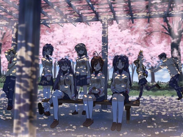Group of students under cherry blossoms