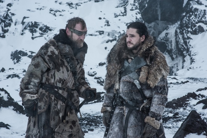 Beric Dondarrion and Jon Snow in a snowy landscape