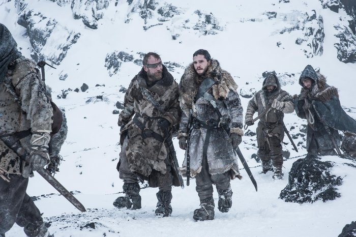 Beric Dondarrion and companions in a snowy landscape