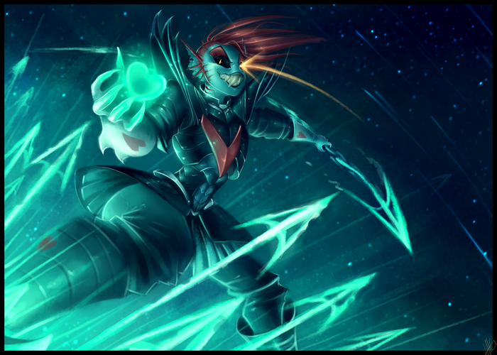 Undyne from Undertale with glowing spear