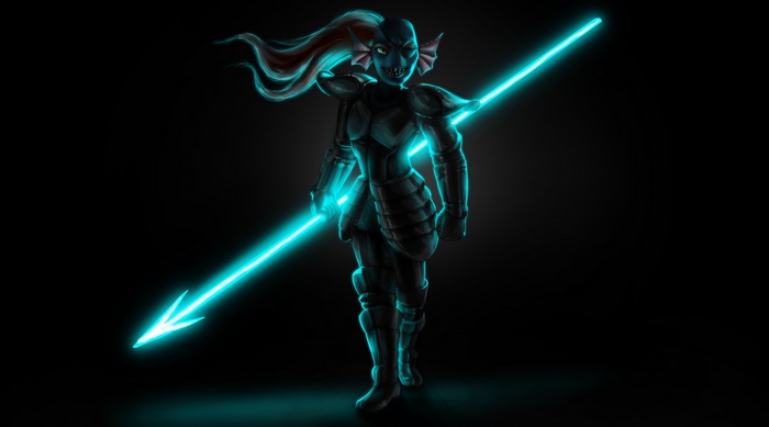 Undyne from Undertale with a spear