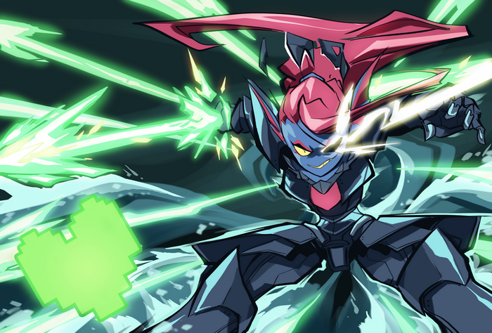 Undyne from Undertale fighting with spears