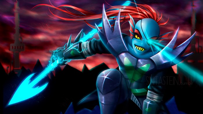 Undyne from Undertale with a spear