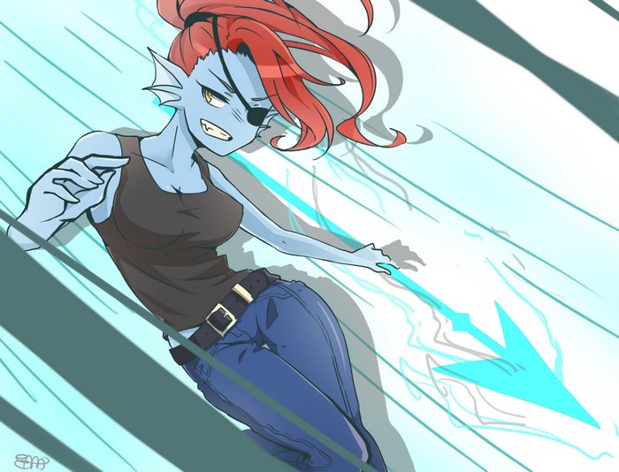 Undyne from Undertale with a spear