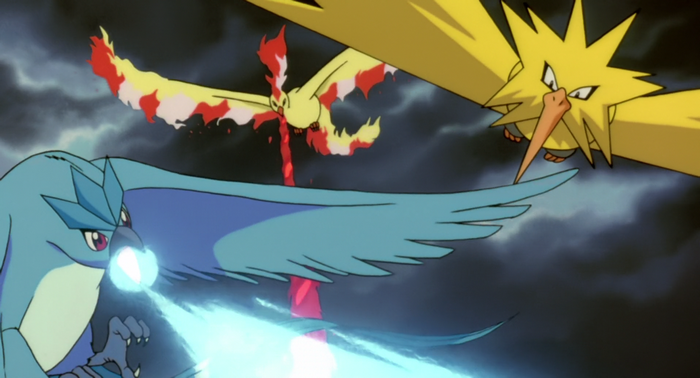 Articuno, Moltres, and Zapdos battling