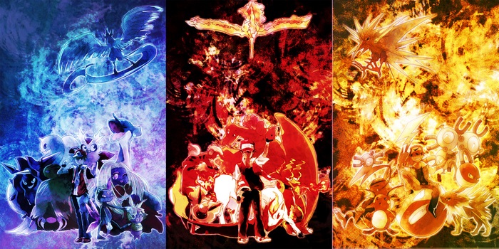 Pokemon Art with Legendary Birds and Trainers
