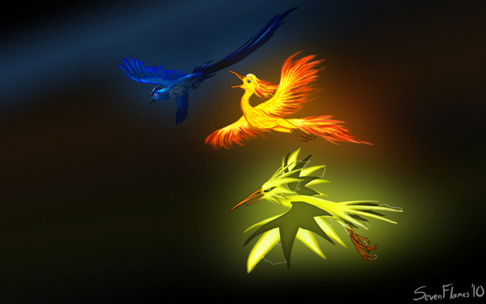 Three legendary birds flying in the dark