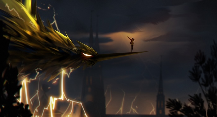 Zapdos with a person on its beak during a lightning storm