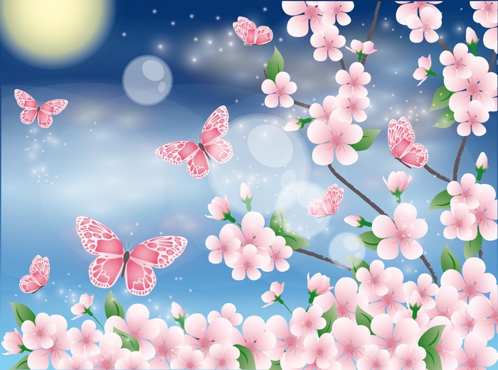 Pink butterflies and cherry blossoms against a blue sky
