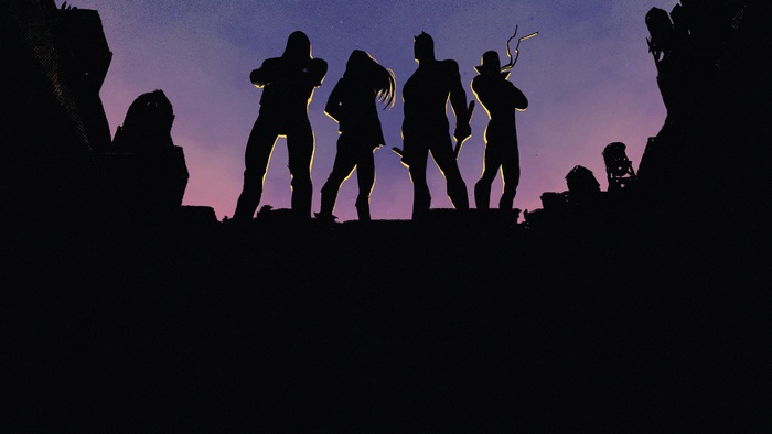Four silhouetted figures stand on a rocky outcrop at dusk