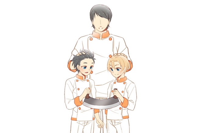 Takumi Aldini and two boys with a cleaver