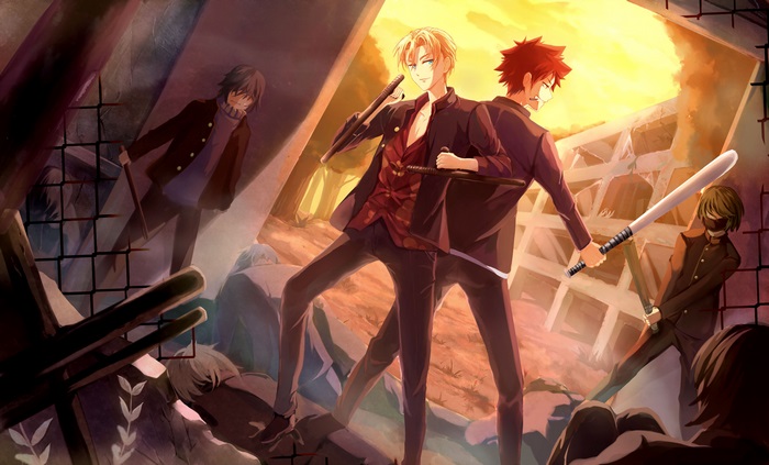 Anime characters with weapons in a destroyed environment