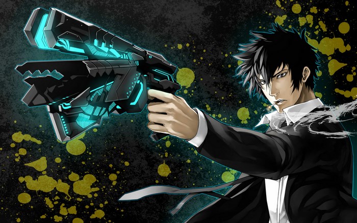 Shinya Kogami from Psycho-Pass holding a Dominator