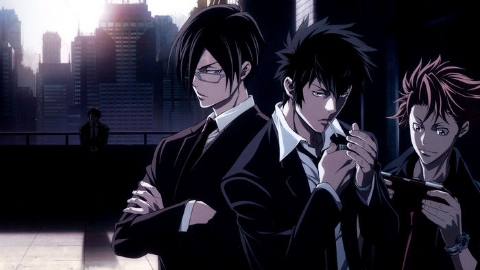 Shinya Kogami and two other men in a city