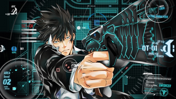 Shinya Kogami from Psycho-Pass holding a Dominator