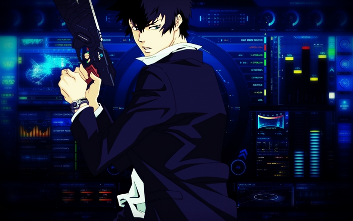 Shinya Kogami from Psycho-Pass holding a Dominator