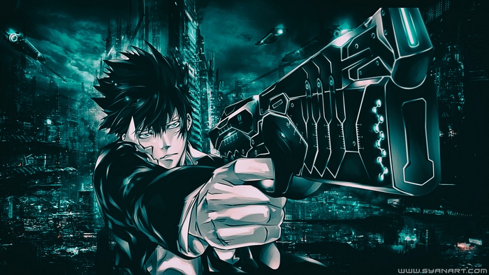 Shinya Kogami from Psycho-Pass holding a futuristic gun