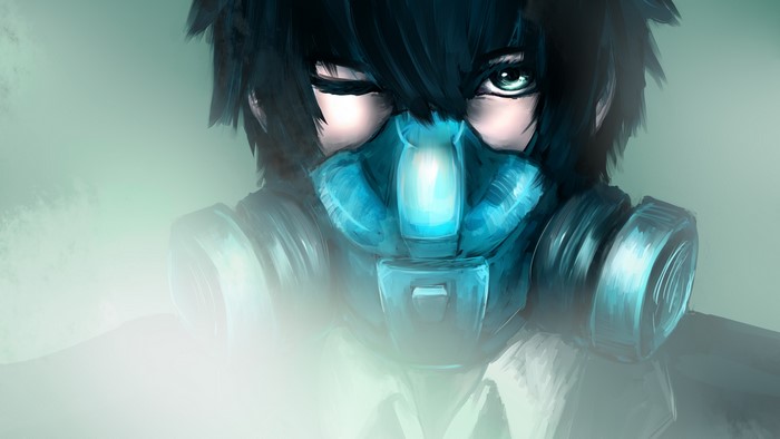 Shinya Kogami wearing a gas mask