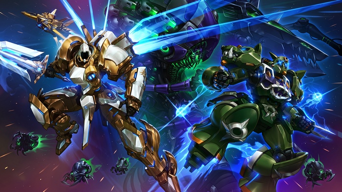Mechs battling with energy weapons and swords