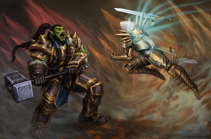 Orc warrior with hammer fighting Tyrael from Diablo