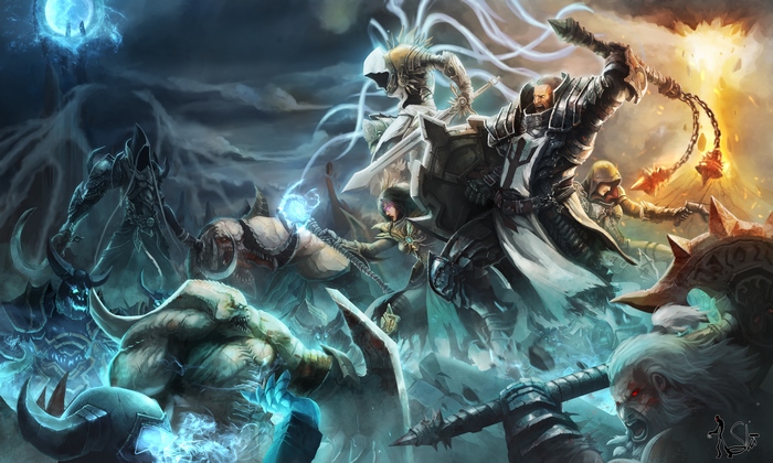 Tyrael and demons fighting in Diablo